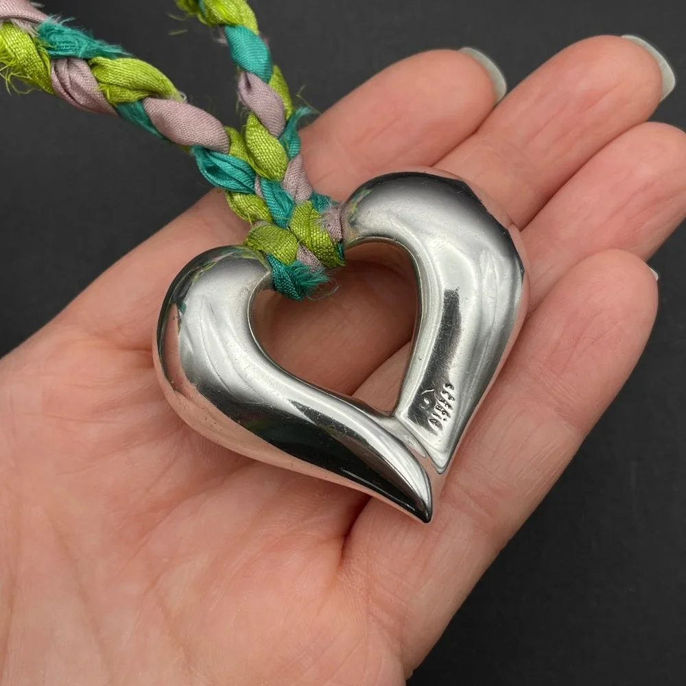 Airess Sterling Silver Hollow Puff Heart Pendant Necklace Braided‎ Silk Boho